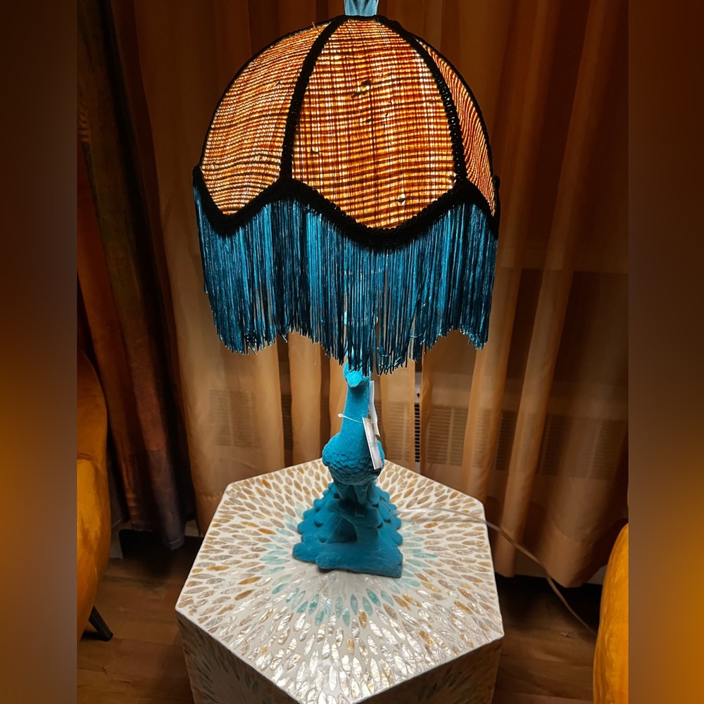 Karma Home Peacock Table Lamp, turquoise base, woven shade & teal fringe. NWT